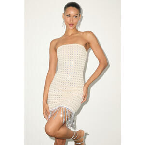 Lulus Suzie Beige Sequin Strapless Fringe Mini Dress - Size S